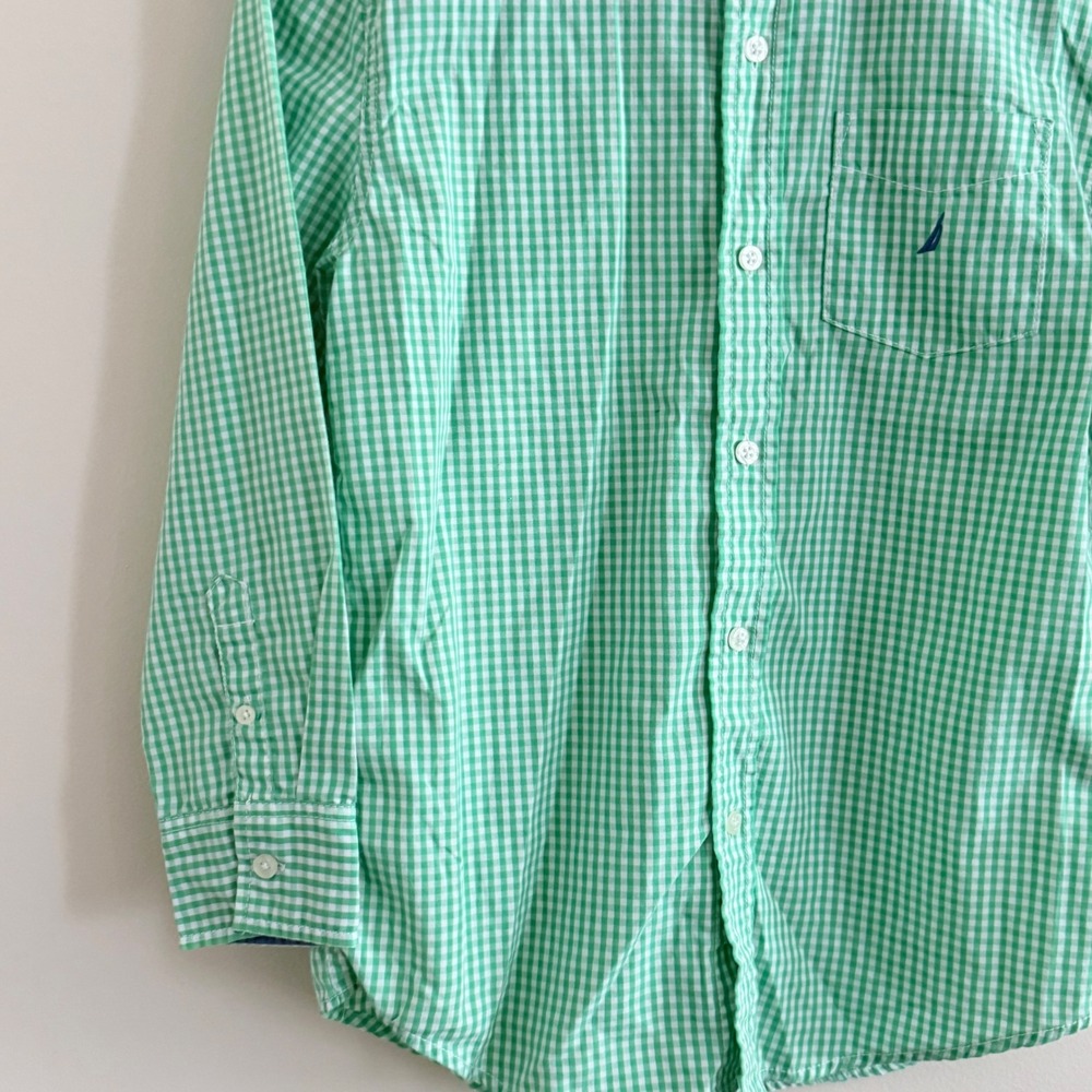 Nautica Boys Green White Gingham Check Long Sleeve Button Down Shirt Sz M 10/12 - Picture 3 of 5